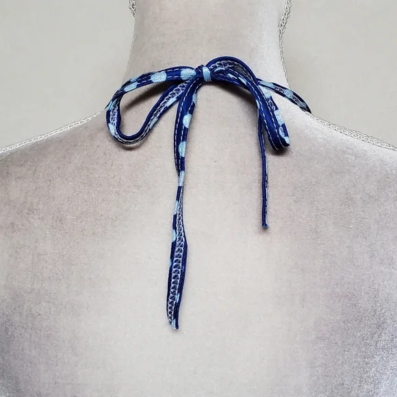 90s Vintage OOAK Handmade Blue Polka-dot Black Lace Side-Tie Triangle Bikini S - Picture 12 of 16